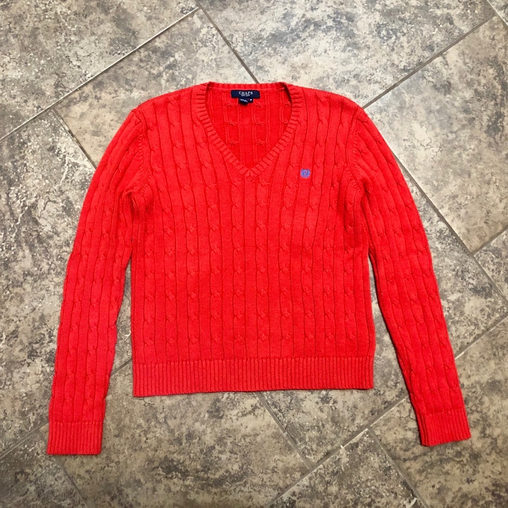 CHAPS DARK CORAL CABLE KNIT V NECK SWEATER
